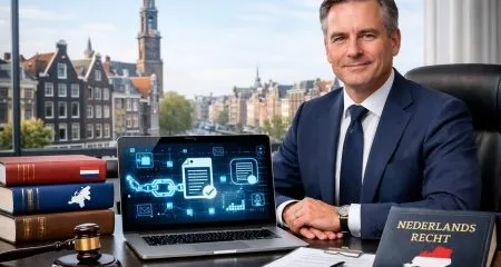 A business professional working at a desk with a laptop showing blockchain graphics, legal books nearby, and a city view of Amsterdam in the background.
