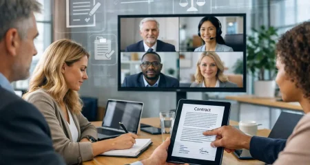A group of professionals in a modern office engaged in a video call, reviewing digital documents related to remote work and employment contracts.
