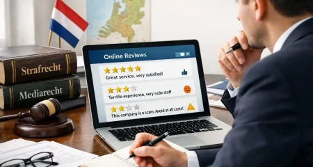 Person in business attire reviewing online reviews on a laptop with legal books and a map of the Netherlands in the background.