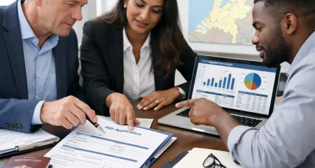 A group of professionals working together at a desk with documents and a laptop, discussing immigration procedures with a map of the Netherlands in the background.
