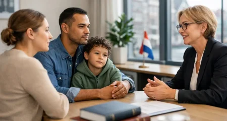 A parent, child, and mediator having a calm conversation in a bright modern office setting.