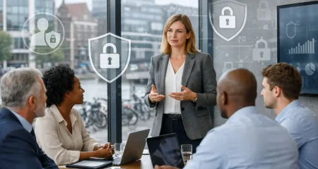 A group of professionals in a meeting room discussing employee monitoring and privacy policies in a modern office with a view of a Dutch city outside.