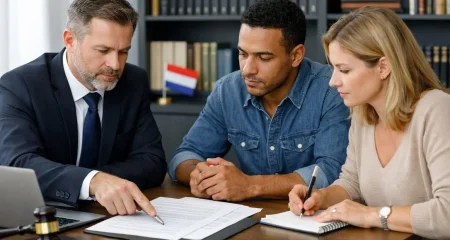 Three adults discussing legal documents in a modern office with a laptop and bookshelf, focusing on a serious conversation about homeowners' association issues.