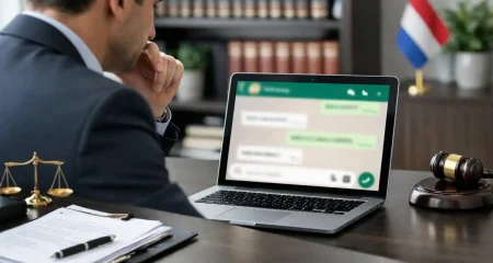 A business professional reviewing messages on a laptop in an office with legal documents and a Dutch flag in the background.