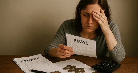 Concerned woman reviewing financial documents.