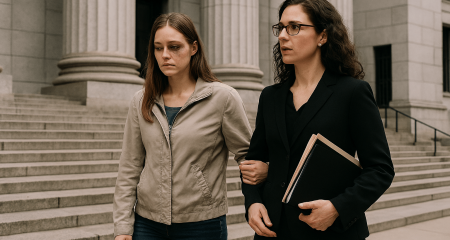 Two women walking outside a courthouse.