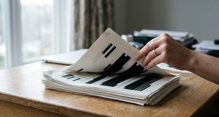 A stack of printed documents with several pages redacted, a hand lifting the top sheet